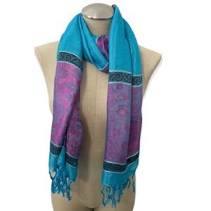 Blue Purple Floral Scarf Warp Shall Fringe